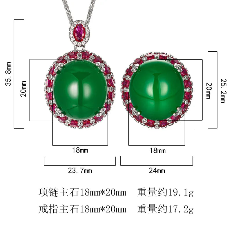 REDheart Brass Inlaid Zircon Open Movable Ring Simulation Green Chalcedony Fluorescent Advanced Luxury 18K Gold Plated Flower Design Set