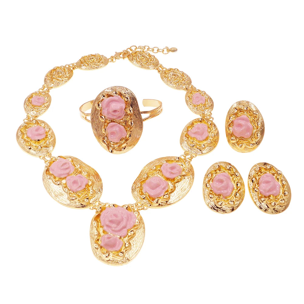 Zhuerrui Two Tone Italian Gold Jewelry Sets Necklace Bracelet Earrings Ring Bridal Western Heavy Wedding Fine Jewelry Set H00615