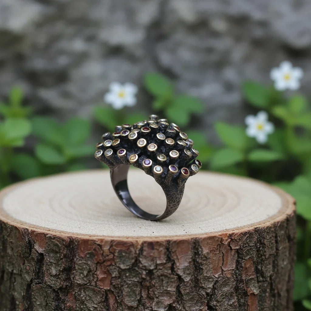 Handmade Coral 925 Sterling Silver Gemstone Coral Black Ring/Gemstone Sterling Silver Rings Yellow
