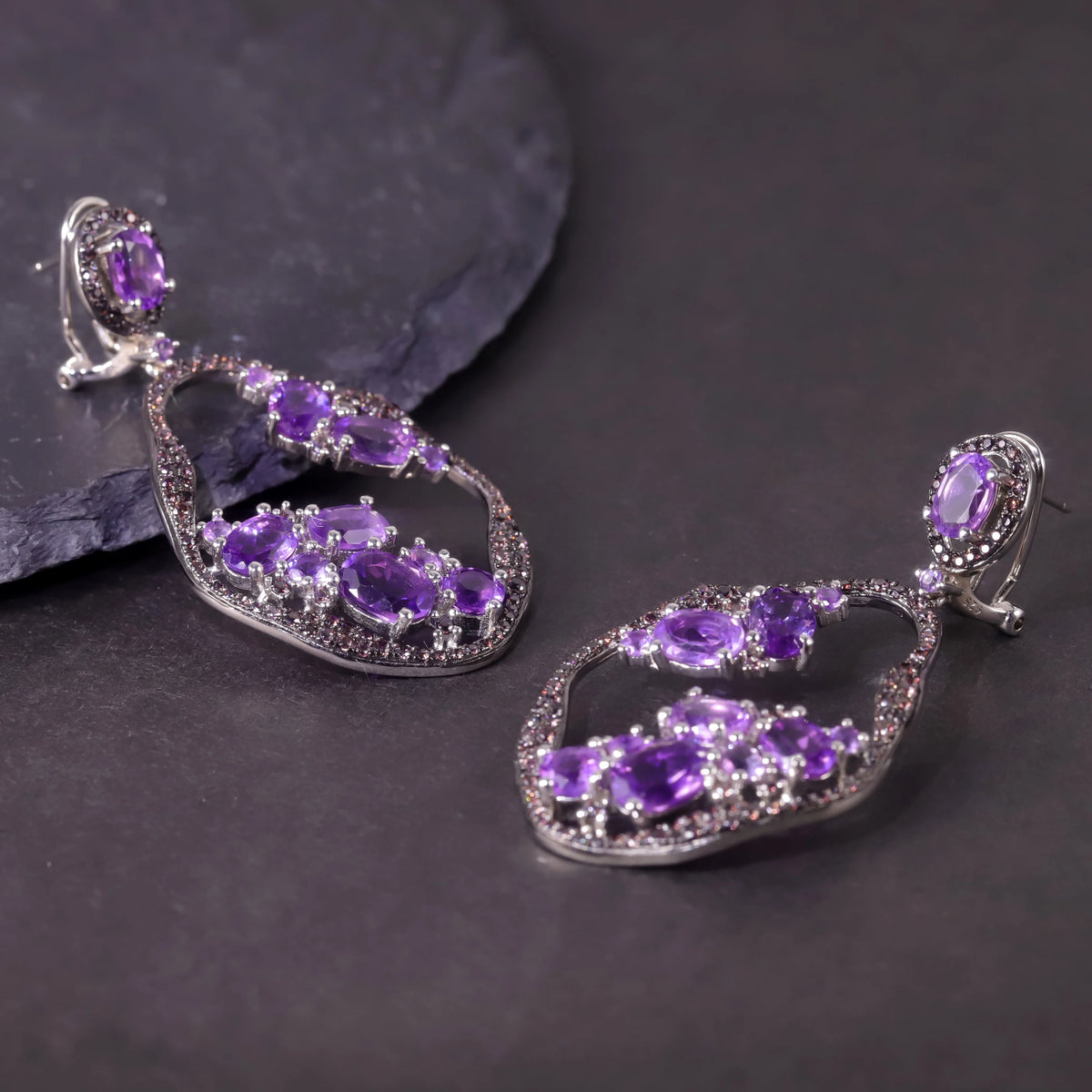 S&S Natural Amethyst & Smoky Nano Fine Jewellery Set | 925 Silver Rhodium Plated | Oval Cut | S&S Collection