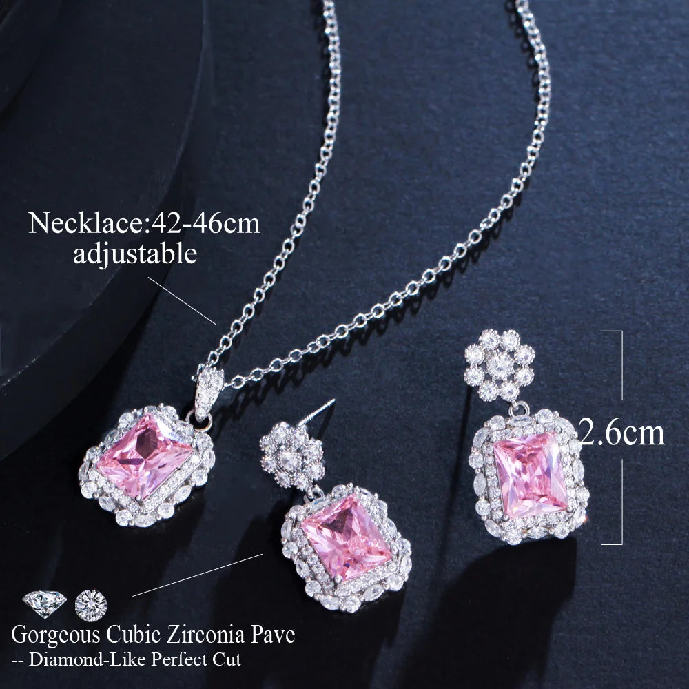 S&S Flower & Square CZ Necklace & Earrings Set – Yellow, Green & Pink – Collection
