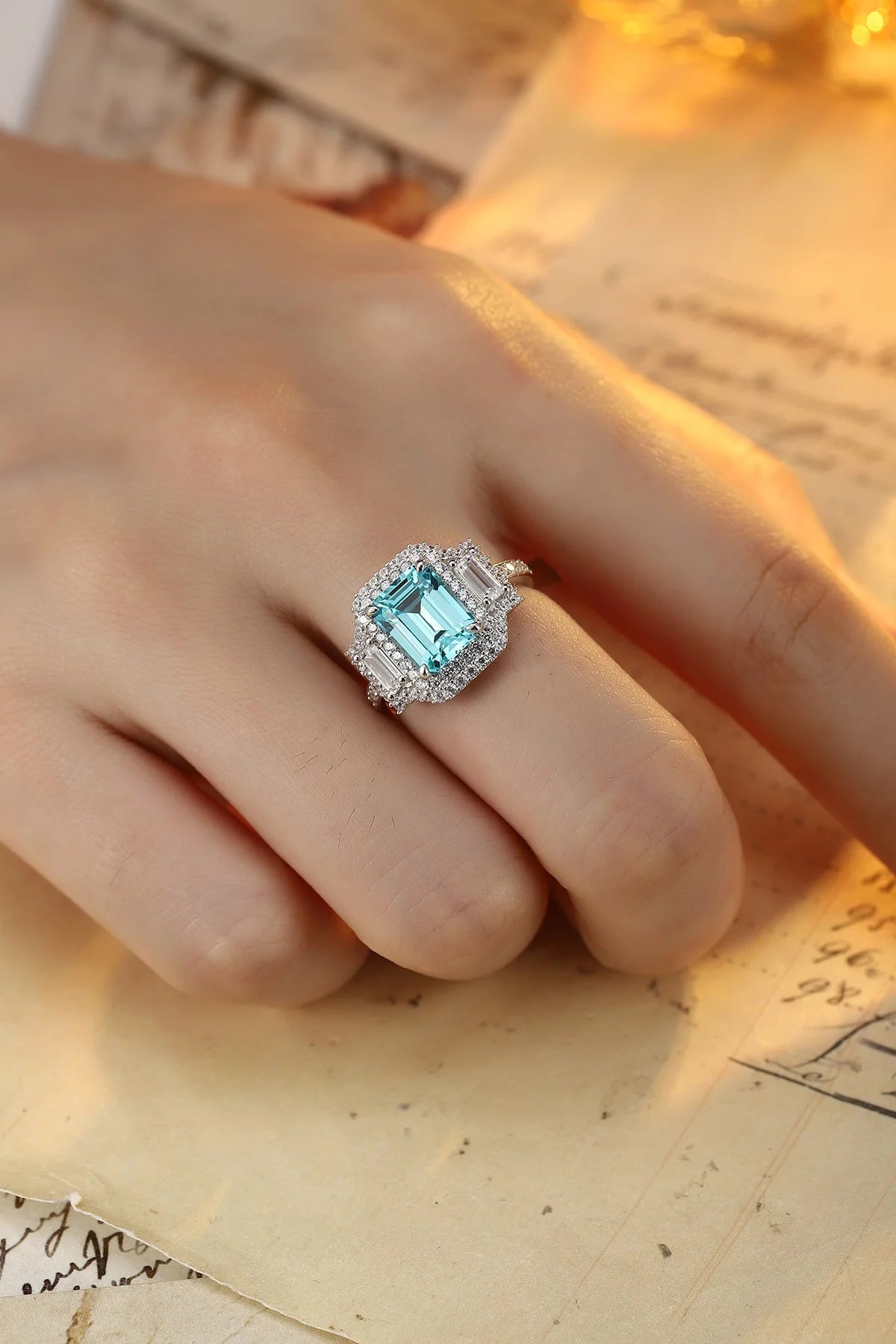 Gemfiori Vintage Lab Grown Paraiba Engagement Ring S925 Silver Rhodium Plated Prong Setting Vintage Wedding Ring for Her Charms