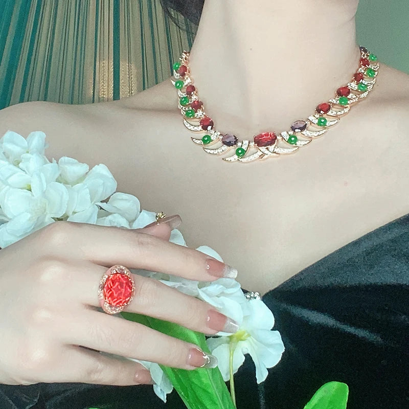 2023 Wholesale Brass Rose Gold Colorful Moonlight Gem Inlaid Zircon Women's Jewelry Ornaments