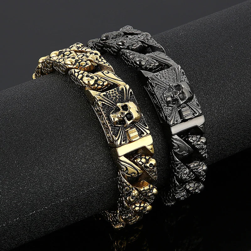 REBEL Hiphop Fashion Vacuum Plating Black Patten Skull Casting Bracelet Men Stainless Steel Jewelry Bracelets Bangles