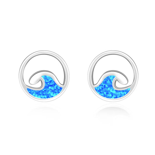 Ocean Wave Opal Stud Earrings - Blue Fire Opal Inlaid Circle Wave Design | Coastal Minimalist Jewelry Bulk Gifts