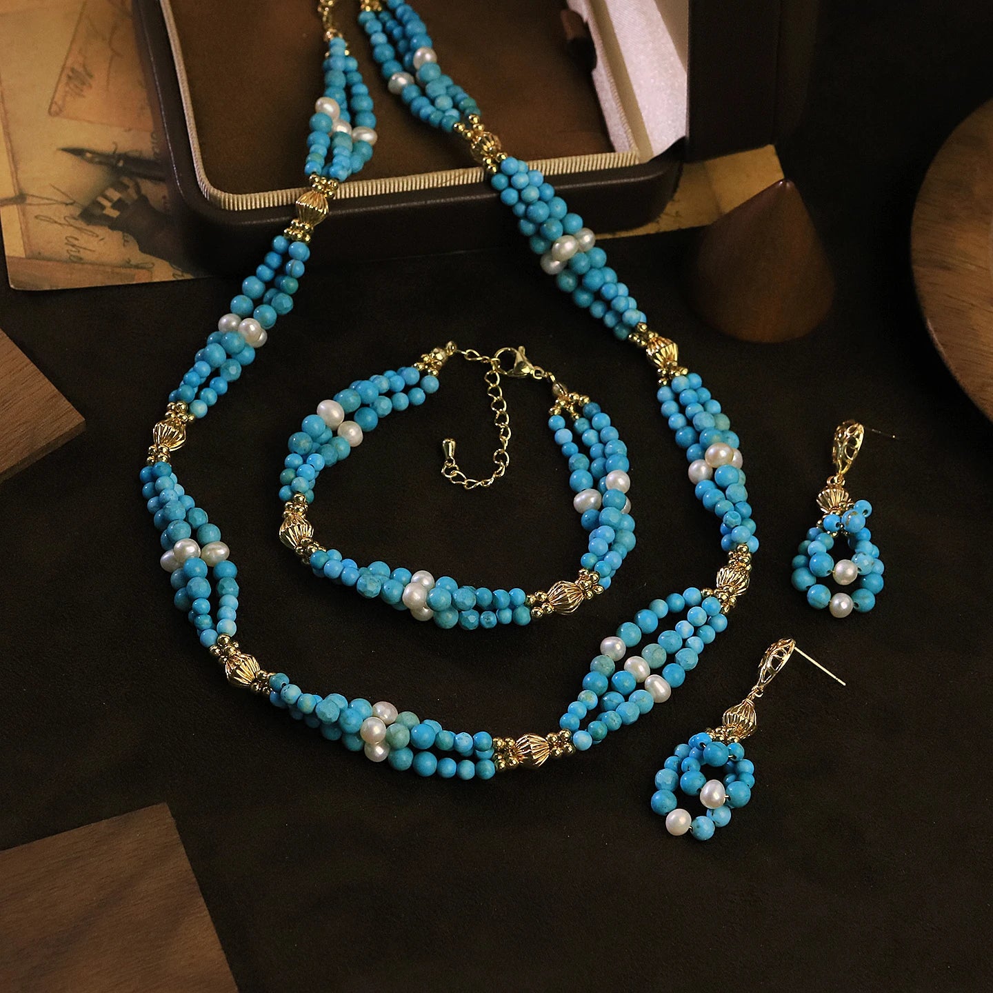 GLSEEVO Natural Pearl & Turquoise Three-Piece Necklace, Earrings & Bracelet Set — Bohemian Style | Blue