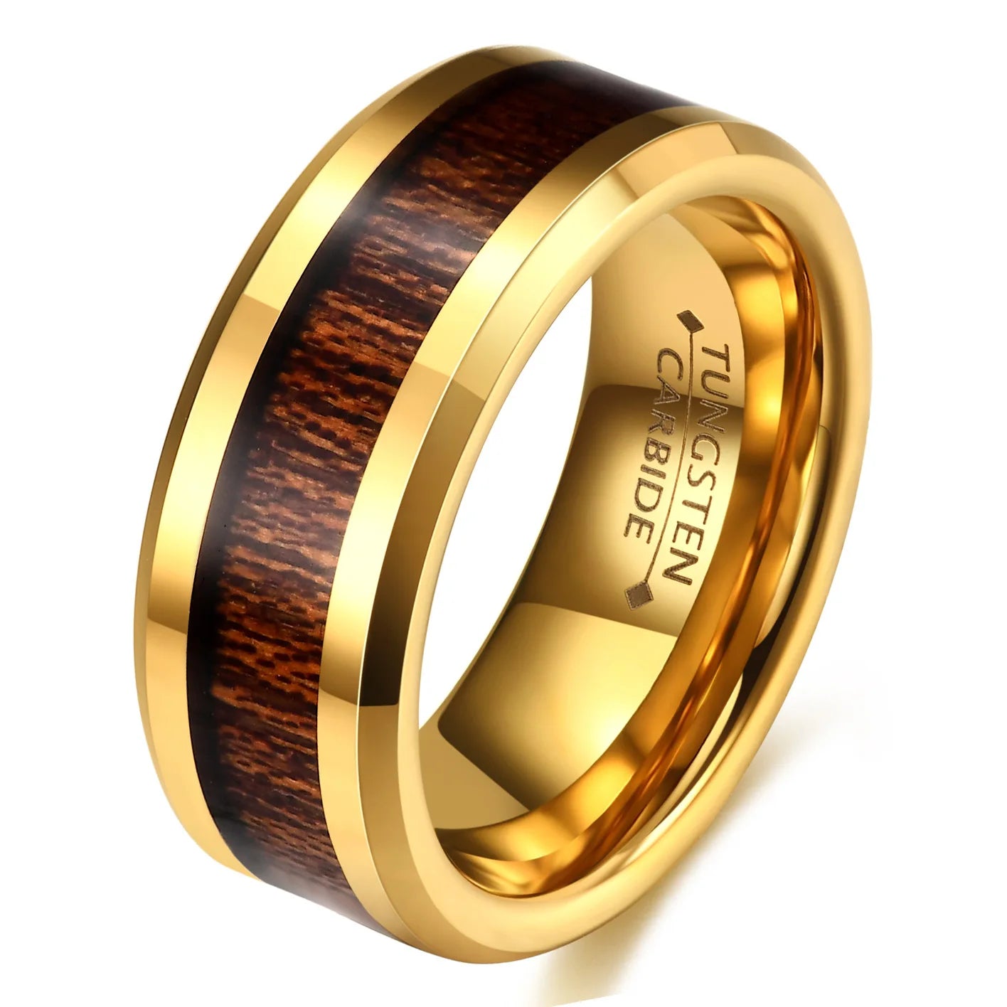 Vintage 8mm Classic Tungsten Carbide 18K Gold Plated Wood Inlay Geometric Wedding Band Ring for Men Nature Collection