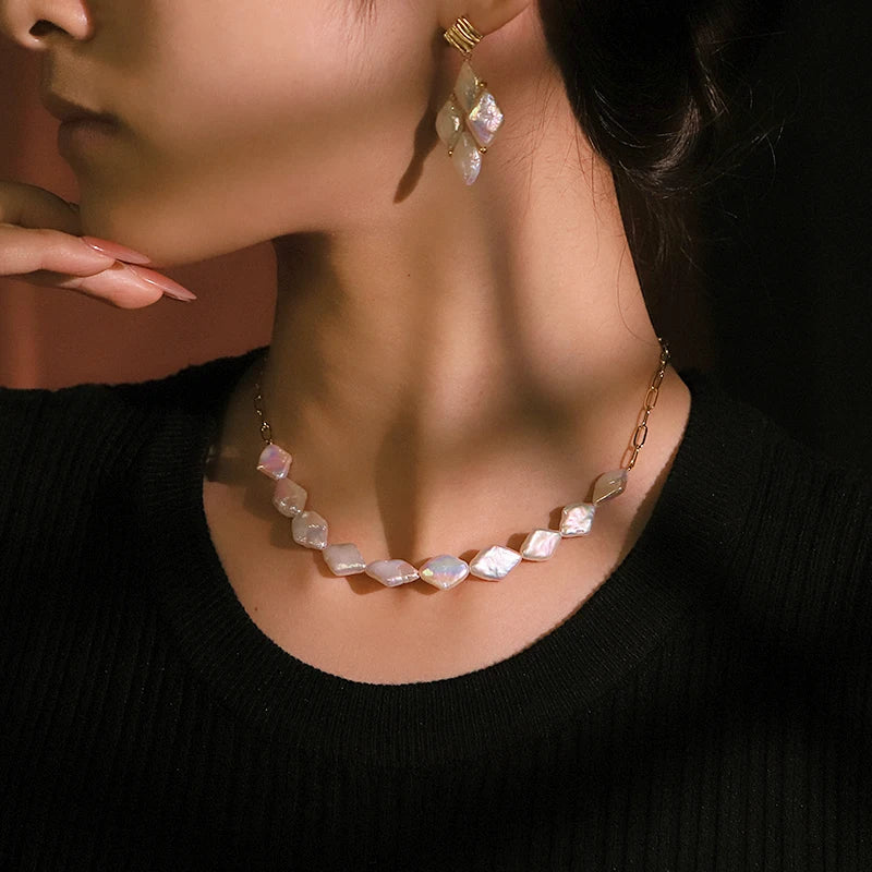 Baroque Natural Pearl Chain Copper Bead Necklace Earring Set Luxurious Design Jewelry Set for Banquet Gift for Women GS0223