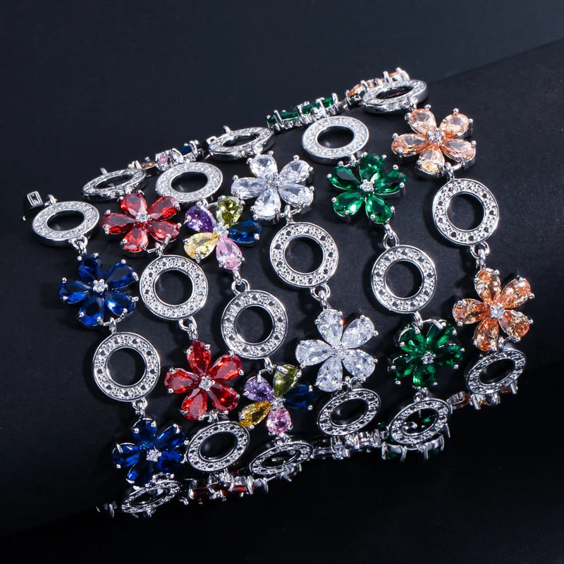 Women's Trendy Floral Design AAA Zirconia Beaded Bracelet 925 Silver Stamped Geometric Jewelry Platinum Plated Gift for