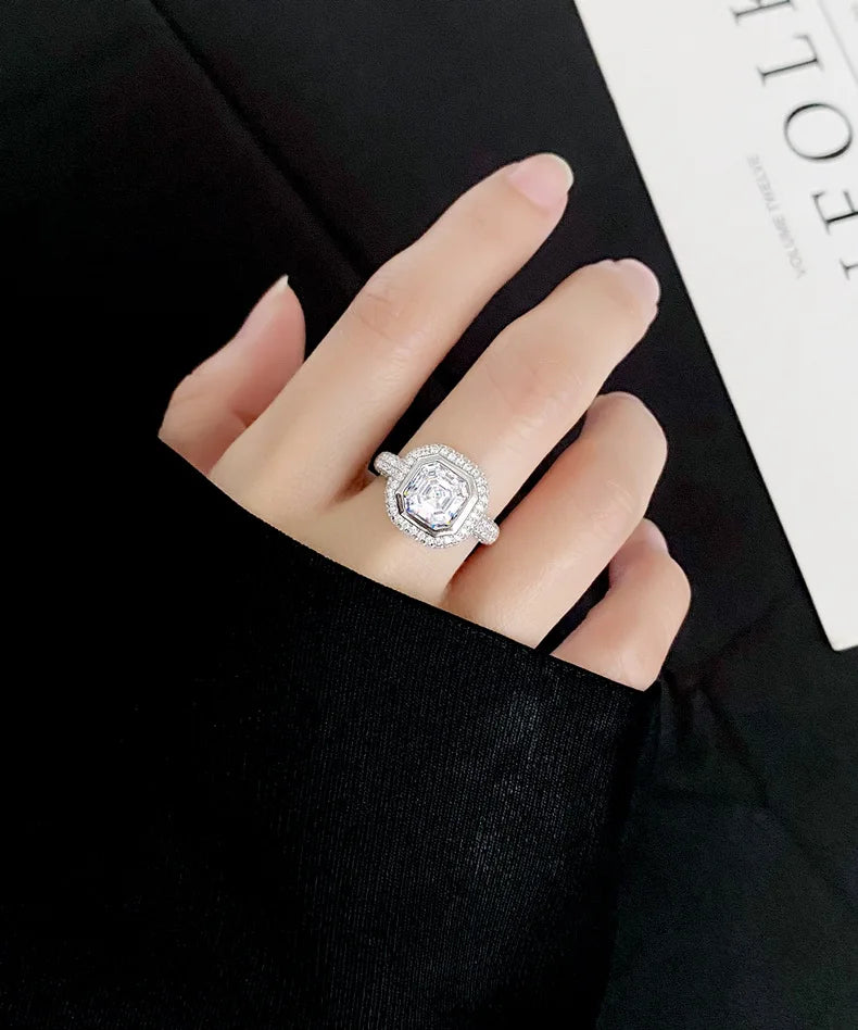 MuShan Jewelry Factory Three Dimensional Square Platinum Plated S925 Silver Zircon Diamond Women's Wedding Anniversary Party