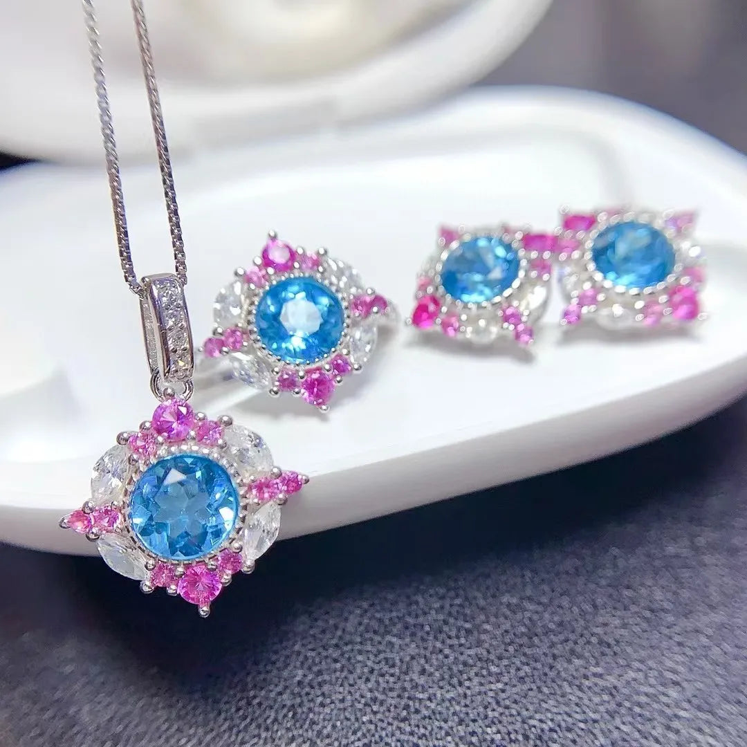 ArtistA Natural Swiss Topaz Jewelry Set 925 Sterling Silver Round Cut Necklace Ring Earrings November Birthstone Bridal Gift for Her