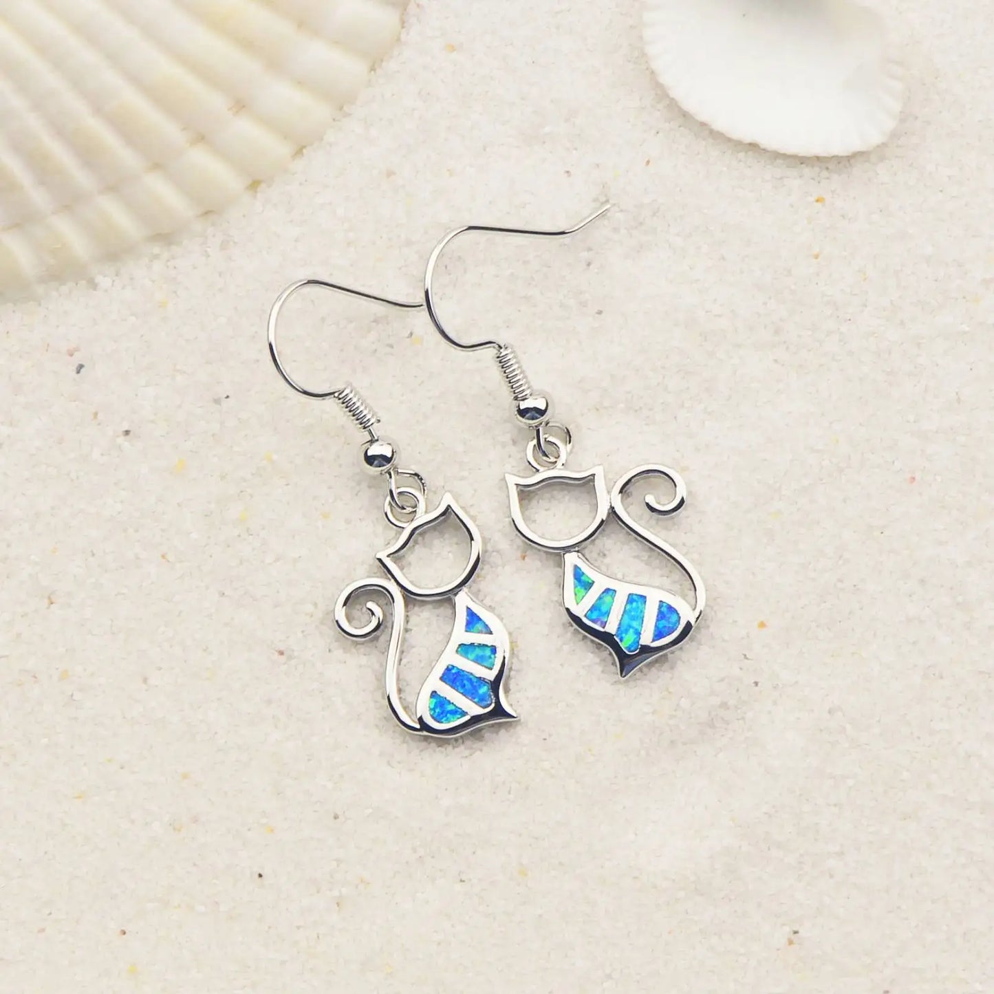 Geometric Opal Cat Earrings - Blue Fire Opal Solitaire & CZ Accent Design | Elegant Formal Jewelry Bulk Gifts
