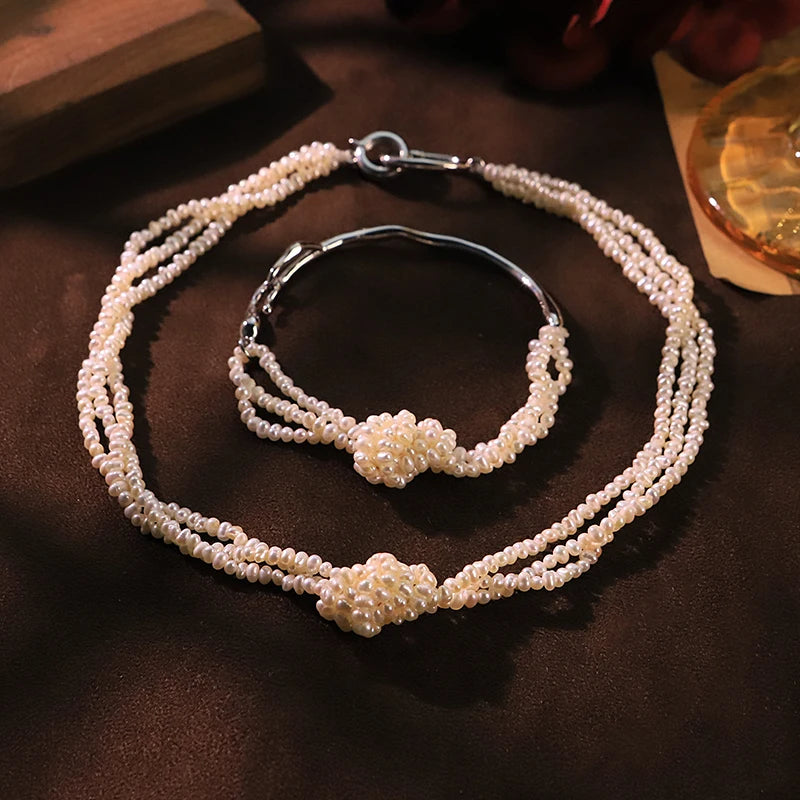 GLSEEVO Natural Freshwater White Pearl Knotted Jewelry Set for Women Wedding Engagement Pearl Necklace Bracelet Dainty Jewelry