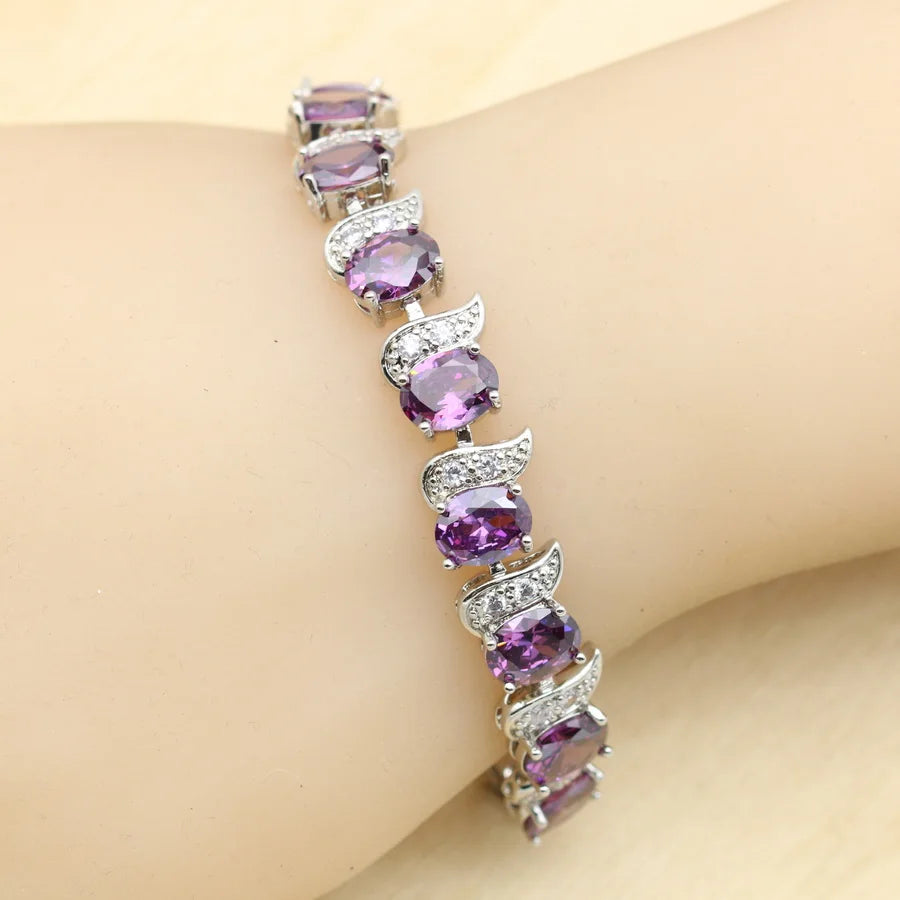 XOTICA Purple Crystal 925 Sterling Silver Jewelry Set Luxury Design Wedding Earrings Bracelet Rings Necklace Pendant Set