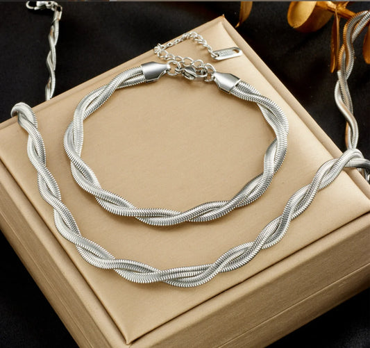 Silver Stainless Steel Twist Chain Necklace & Bracelet Jewellery Set | Waterproof Luxury Fashion Set