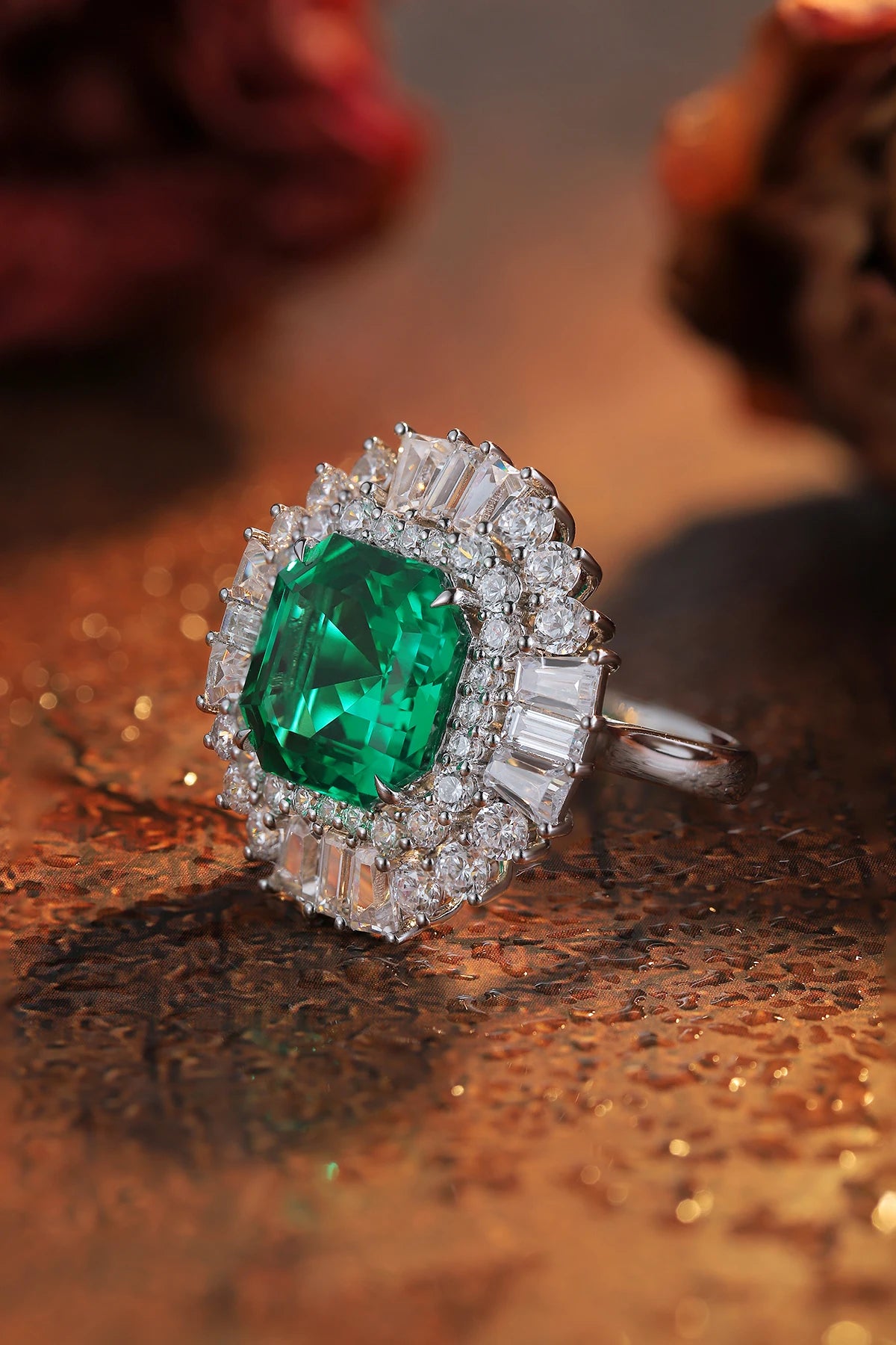 Gemfiori Anster Lab Created Emerald Women Ring S925 Sterling Silver Lab Made Diamonds and Emeralds Ring
