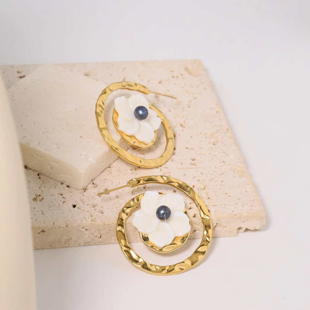 Women Cute Spiral Shell Flower Earrings With Pearl Pendant Stainless Steel Earrings Jewelry for Women Exquisite Wedding Gifts