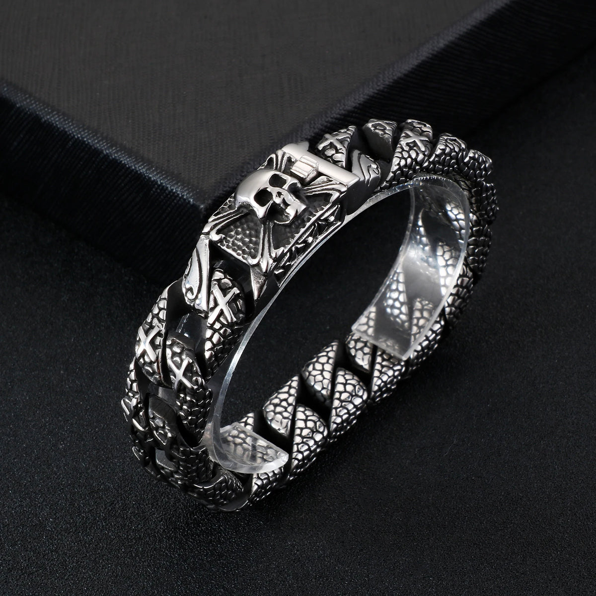 VIKING Mens Punk Pirate Skull Snake Skin Curb Chain Bracelet – Silver Stainless Steel