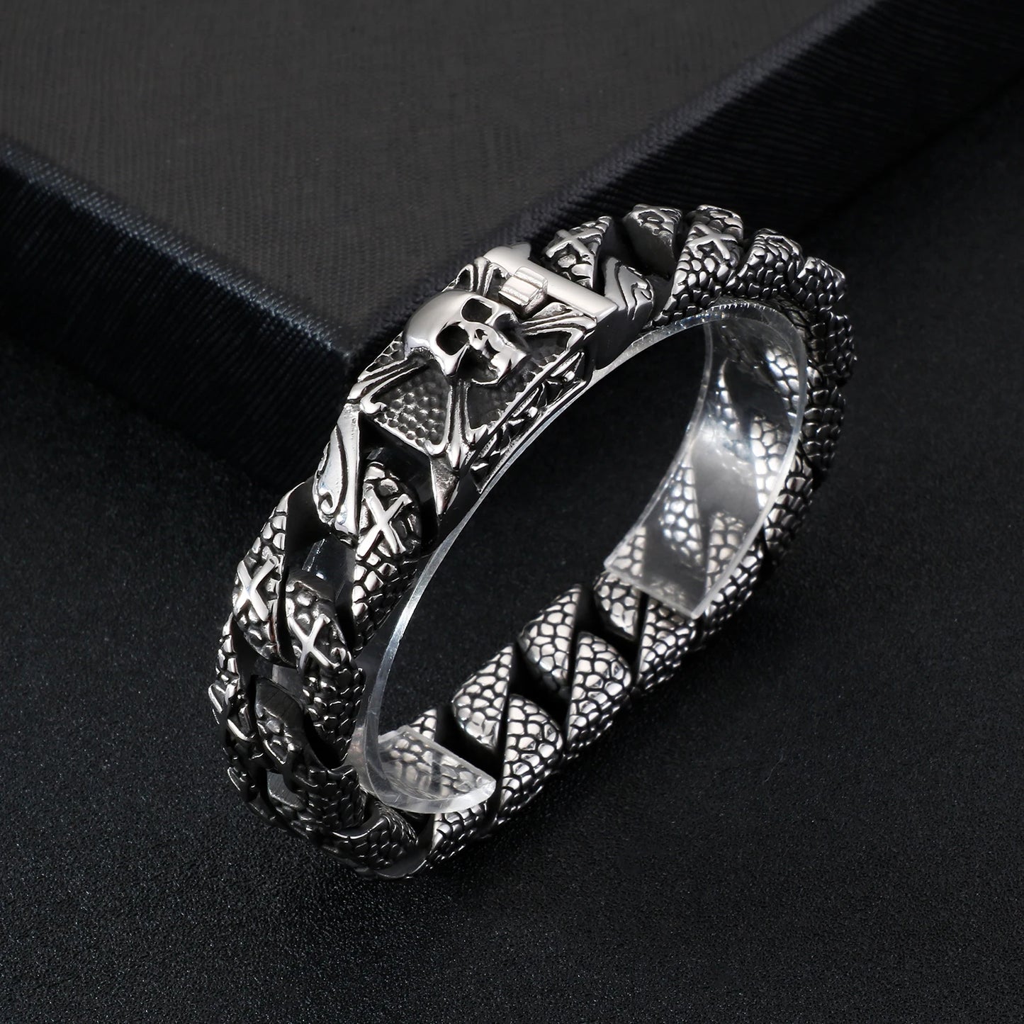 KALEN Pirate Skulls Clasp Skull Charms Snake Skin Pattern Curb Chain Mens Large Stainless Steel Skeleton Cross Bracelet for Men
