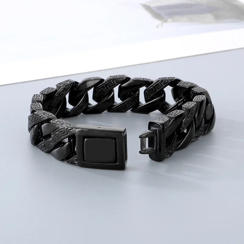 KALEN 22cm High Polished Engrave Symbol Retro Stainless Steel Mens Cuban Chain Link Bracelet