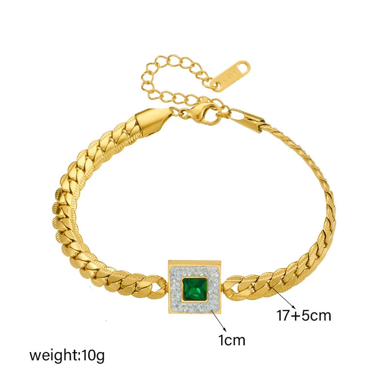 Gold Two-Layer Chain & Green Crystal Necklace & Bracelet Jewellery Set | Layered Luxury Set
