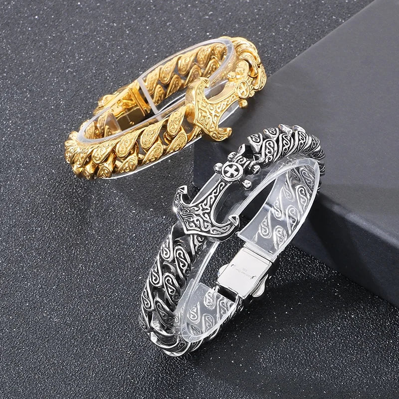 KALEN Gothic Fine Jewelry Fashion Bracelets Men Stainless Steel Anchor Charm Cuban Links Bracelet Bangle