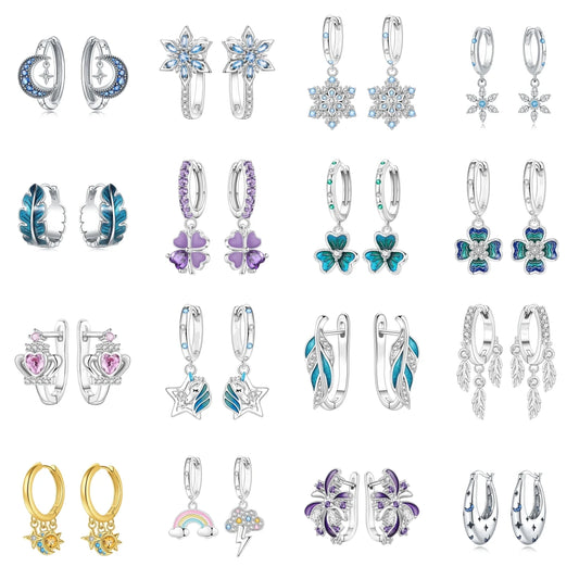 S&S Zircon Drop & Hoop Earrings | Snowflake, Feather & Clover | S&S