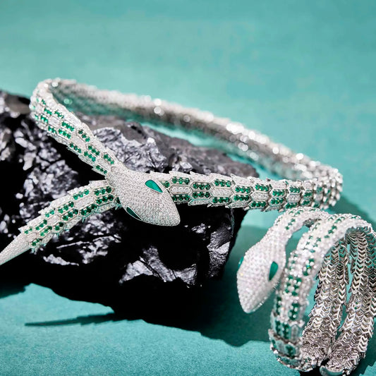 Luxury Brand Design Bridal Accessories Green CZ Diamond Full Paved Snake Necklace Bracelet Sets