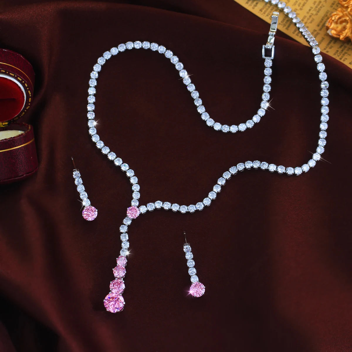 Charming CZ Jewelry Set Long Round Tennis Brilliant Cut Pink Zircon Necklace Earring Rhodium Plated CZ Women Wedding Jewelry Set