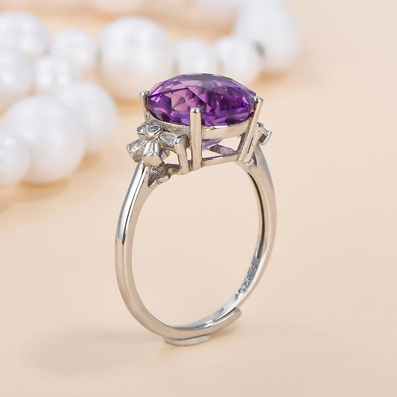 Natural  Amethyst 925 Sterling Silver Engagement Ring Rose Cut Gemstone for Weddings and Partie