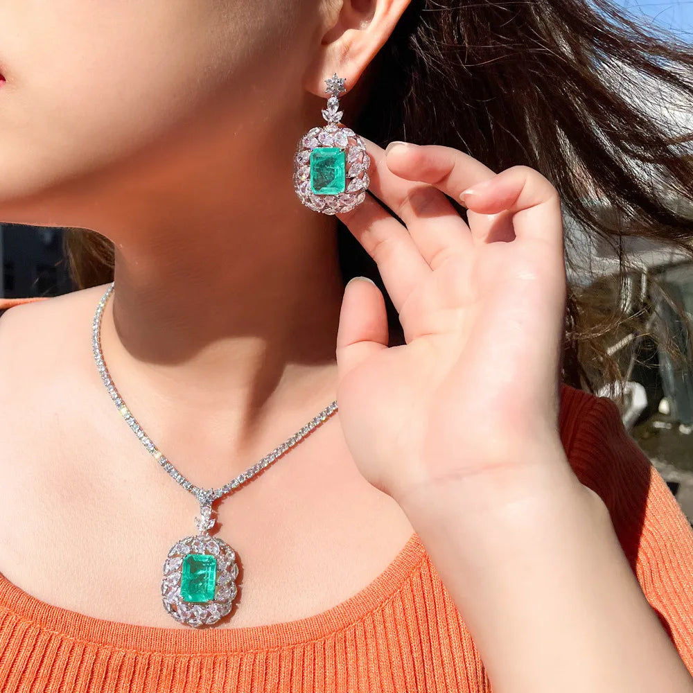 Silver Plated Green Princess Cut Cubic Zirconia Drop Necklace and Earring Jewelry Set for Women Bridal Engagement Luxury Costume