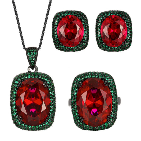 S&S Black Gold Red Corundum Zircon Jewellery Set – Pendant, Ring & Earrings – Collection