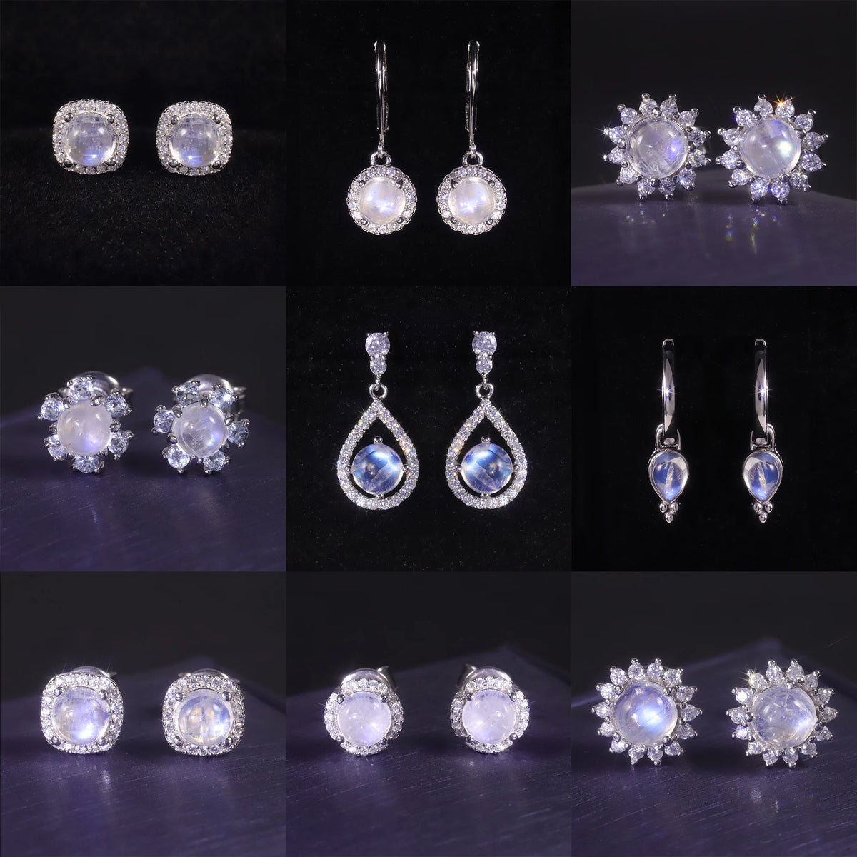 ArtistA Sparkling Star Element Mysterious 925 Sterling Silver Moonstone Stud Earrings Halo Genuine Natural Moonstone Drop Earrings