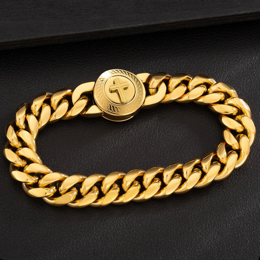 Easter Faith Gifts Cross Lion Compass Anti-tarnish Jewelry 18K Gold Plated Stainless Steel Mens Miami Cuban Link Chain Bracelet