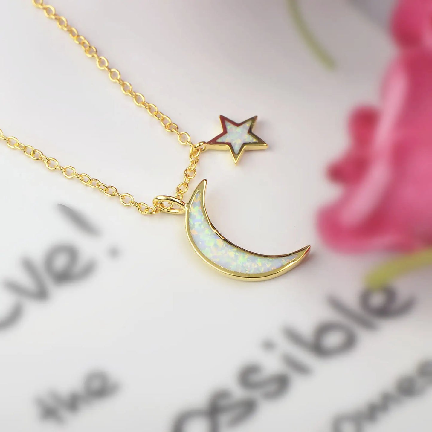Aobao Moon and Star Necklace, Moon Pendant, Sweater Chain, Opal
