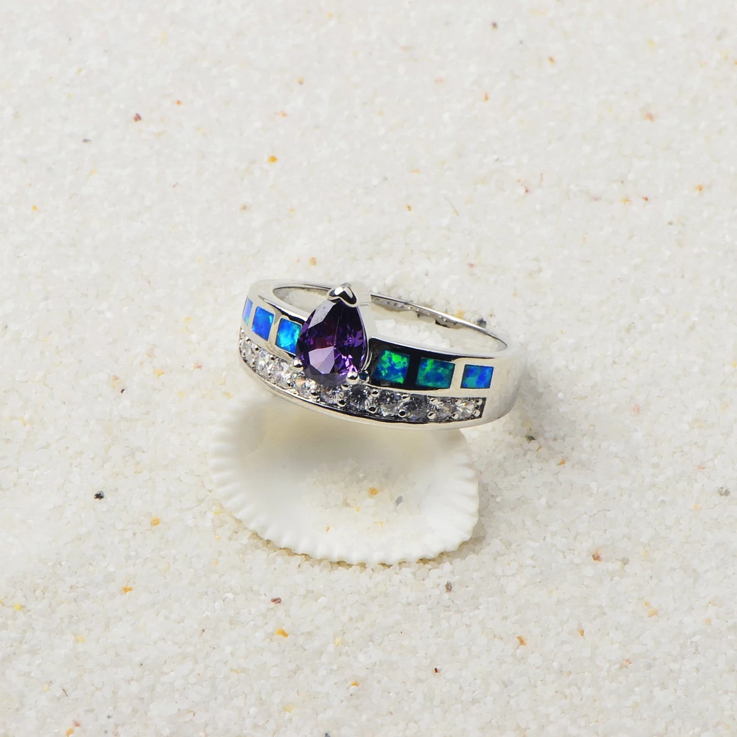 Luxury Teardrop Purple Gem & Blue Opal Ring | Zircon-Accented  Band | Statement Fashion Jewelry for Women Special Occasions