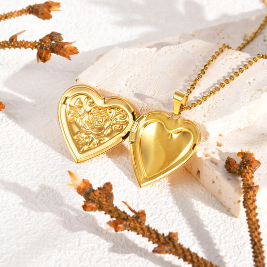 Stainless Steel Bamboo Chain Sporty Rose-Shaped Heart Pendant Opening Photo Compartment Gold-Colored Necklace for Women PN-2093