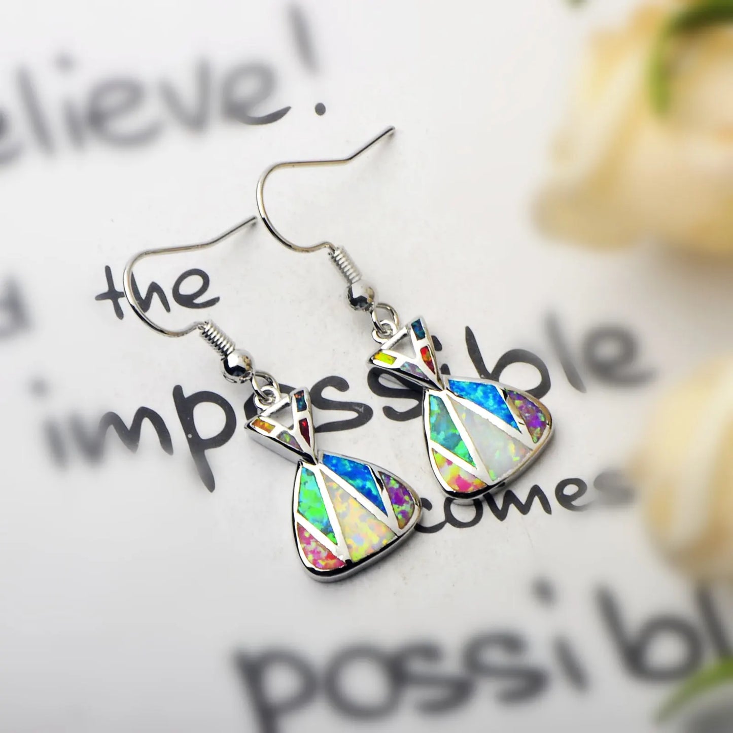 Colorful Opal Geometric Earrings | Silver Drop Fashion Jewelry