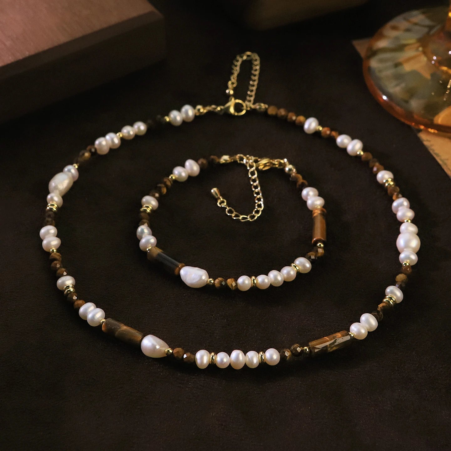 GLSEEVO Natural Pearl & Tiger Eye Stone Necklace, Earrings & Bracelet Jewellery Set — Bohemian Vintage Style