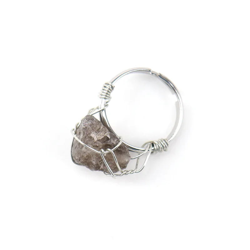 Men Women Large Stone Rings Wire Wrapped Crystal Resizable Gem Ring