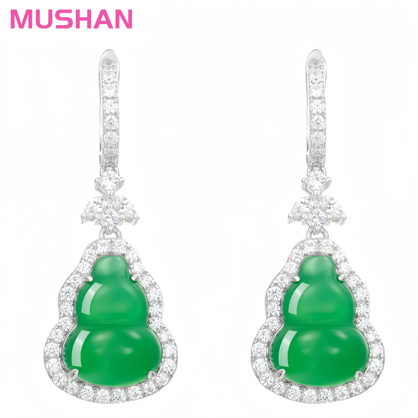 MUSHAN High Carbon Diamond Green Natural Chalcedony Gourd Earrings S925 Silver Hoop Drop Earrings for Weddings and Parties