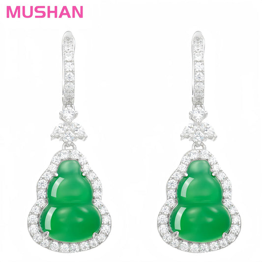 MUSHAN High Carbon Diamond Green Natural Chalcedony Gourd Earrings S925 Silver Hoop Drop Earrings for Weddings and Parties