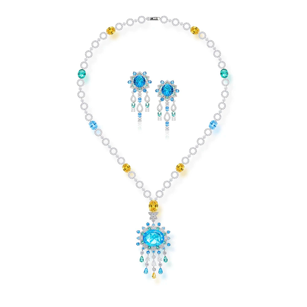 Women's Blue Waterproof Long Necklace Earring Set with Big Zircon Stone Exaggerated Blue Stone Temperament Accessories Weddings