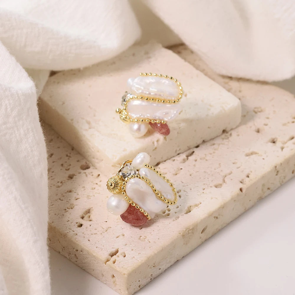Natural Freshwater Baroque Pearl Strawberry Crystal Earrings Korean Style Women Luxury Jewelry Fashion Ladies and Girls Gift