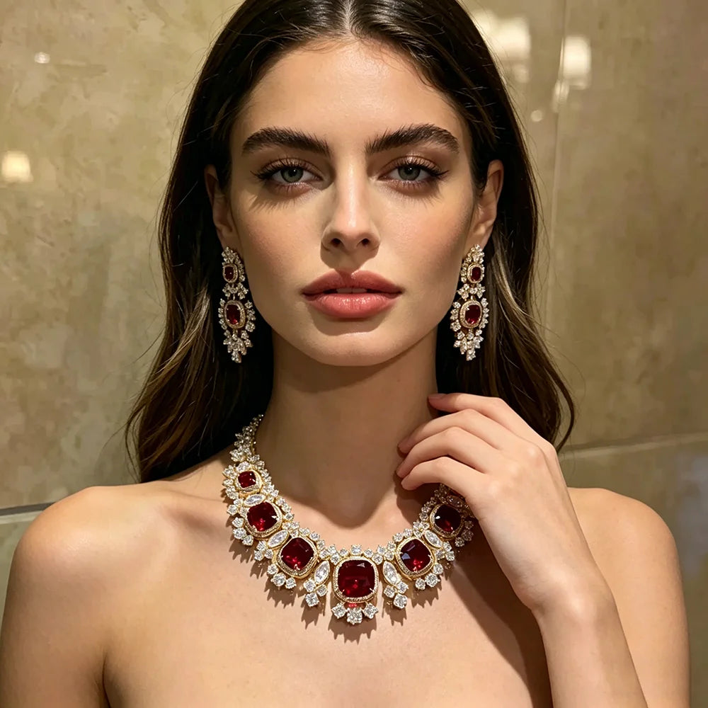 XM S297 Gold Plated Red Cushion Cut Zircon Floral Statement Necklace & Earrings Bridal Set