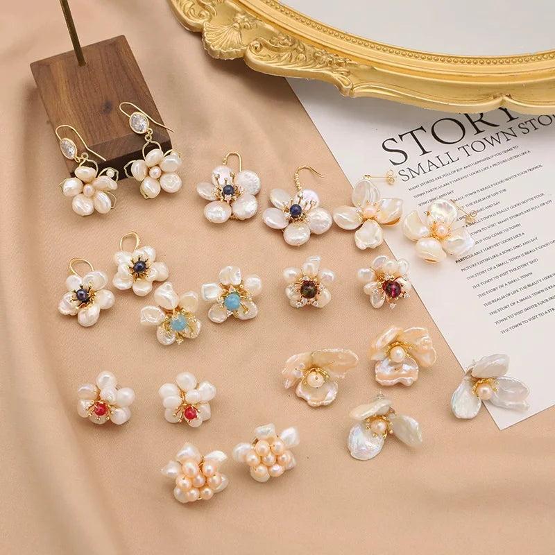New Jewelry Yiwu Wholesale Natural Baroque Pearl Stud for Women Flower Earrings Korean Wholesale Bulk 18K Gold Plated Jewelry