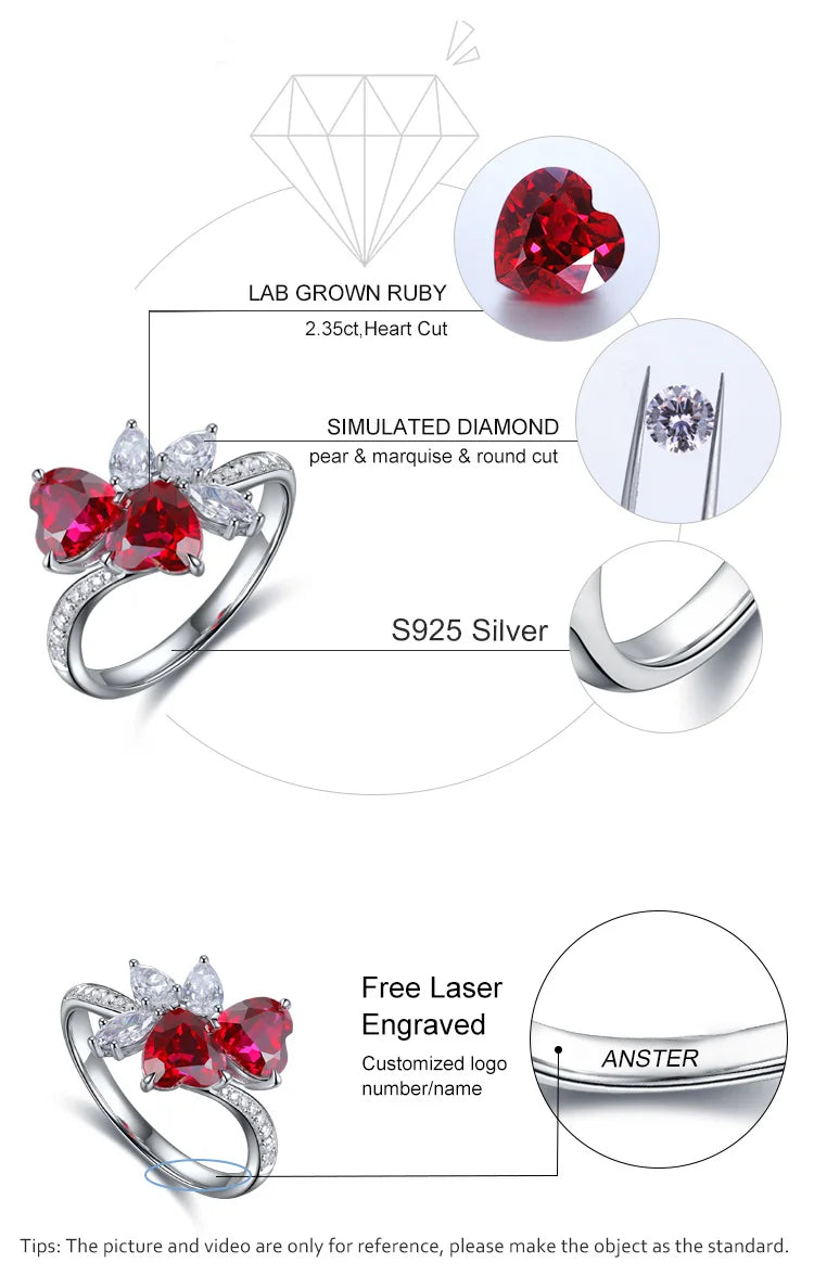 Gemfiori New Romantic Rhodium Plated Lab Grown Ruby Heart Rings 925 Sterling Silver Anniversary Wedding Gift for Women