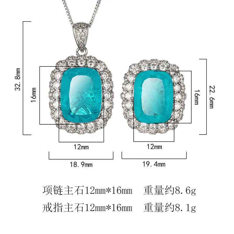 REDheart Copper Inlaid Zircon Gold-Plated Trendy Flower Shape Necklace Simulation Paraiba Blue Temperament Suit Women's Jewelry Set
