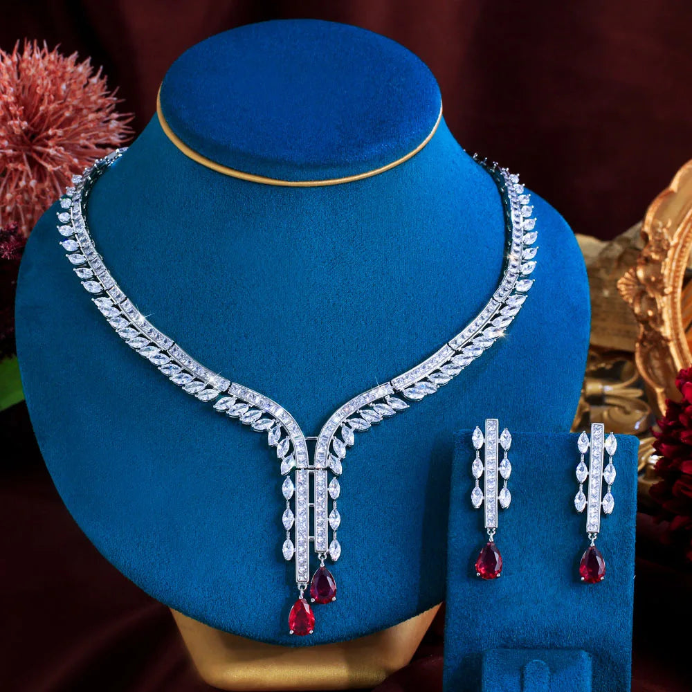 Luxury Pear-Cut Zirconia Ruby Red Tassel Necklace & Earrings Bridal Set — Rhodium Plated