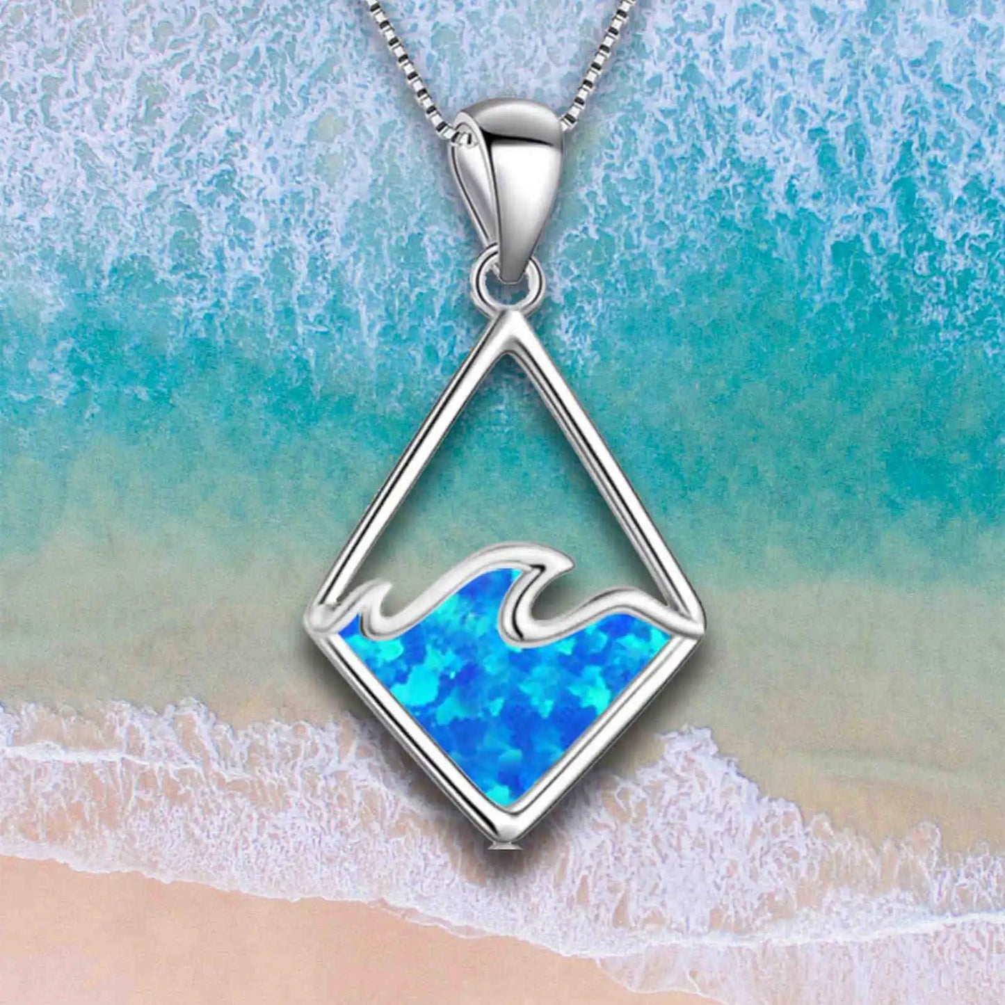 Hawaiian Beach Wave Opal Necklace | Blue Gemstone Ocean Pendant Long Sweater Chain